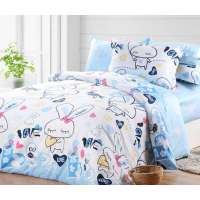 玛克家纺纯棉斜纹卡通印花双人四件套爱心兔蓝1.5M