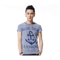 唐狮男圆领短细条纹印花T恤11121102240961303(钴蓝S)