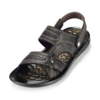 皮尔世绅头层牛皮金属搭扣人字夹趾按摩颗粒男沙滩鞋黑色A126856(39)