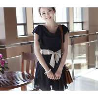 HSTYLE/韩都衣舍 韩国夏装新款纯色荷叶袖连衣裙GS2048 藏蓝色(L)