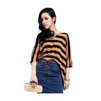 OLOMO欧莱诺女装蝙蝠廓形条纹短袖T恤112411367500(咖黑组/F)