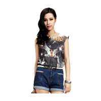 OLOMO欧莱诺女装黑色天使印花无袖T恤112416089000(黑色/F)