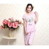 北极绒正品夏季圆领女子针织棉卡通短袖家居服套装睡衣两件套粉色(均码)7734