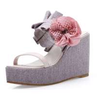 SELFTREND涉趣花朵松糕底坡跟防水台女凉鞋豆沙红W22067(36)