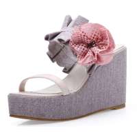 SELFTREND涉趣花朵松糕底坡跟防水台女凉鞋豆沙红W22067(38)