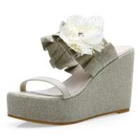 SELFTREND涉趣花朵松糕底坡跟防水台女凉鞋银白色W22067(37)