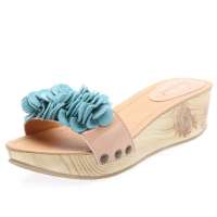 SELFTREND涉趣日系甜美真皮花朵pu小坡跟木屐拖鞋粉色W22066(38)