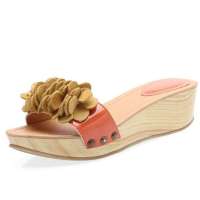 SELFTREND涉趣日系甜美真皮花朵pu小坡跟木屐拖鞋橘色W22066(39)