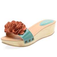 SELFTREND涉趣日系甜美真皮花朵pu小坡跟木屐拖鞋绿色W22066(38)