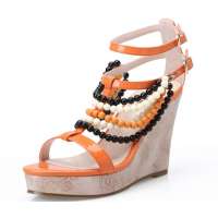 SELFTREND涉趣时尚甜美撞色串珠坡跟露趾凉鞋热情橙W22048(39)