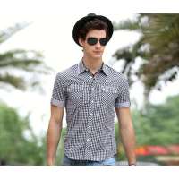 Justyle 英伦格子系列全棉短袖衬衫 18111004 蓝色(XXL)