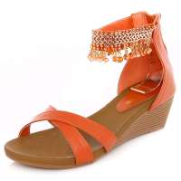 皮尔世绅头层牛皮优雅水钻合金拉链优质橡胶底凉鞋橙色A808(37)