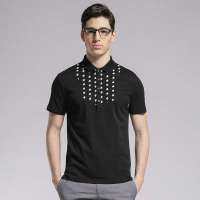 GXG 男士时尚前襟相拼印花polo领短袖T恤#12124212 黑色(L)