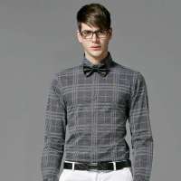GXG 时尚经典英伦休闲修身男士长袖衬衫#11103114 黑底灰点(M)