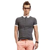 OLOMO男装领部撞色清新细纹POLO衫112311948948(灰黑组/M)