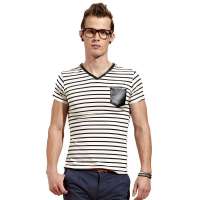 OLOMO男装条纹V领拼皮口袋短袖T恤112311901848(白黑色/M)