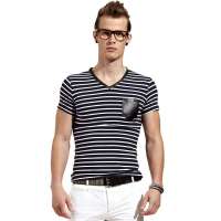 OLOMO男装条纹V领拼皮口袋短袖T恤112311905850(蓝白色/L)