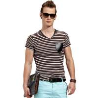 OLOMO男装条纹V领拼皮口袋短袖T恤112311907546(咖白色/S)
