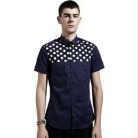 OLOMO男装摇滚撞色波点拼接短袖衬衫112320505852(兰白组/XL)