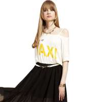 OLOMO女装不对称露肩字母印花短袖T恤112411711000(白色/F)