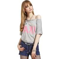 OLOMO女装不对称露肩字母印花短袖T恤112411718900(花灰/F)