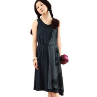 茵曼 棉麻水墨印花无袖连衣裙822103303群青色L