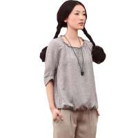 茵曼 圆领套头修身衬衣棉麻七分袖衬衫822022414绿色条S