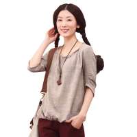 茵曼 圆领套头修身衬衣棉麻七分袖衬衫822022414咖色条M