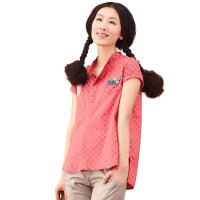 茵曼 圆点立领修身衬衣纯棉波点短袖衬衫922042517肉桂红M