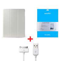 Snowkids苹果附件 新ipad3/ipad2通用三合一套装(多折式保护套(白色)+高透膜+数据线)