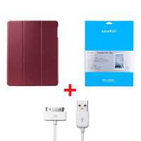 Snowkids苹果附件 新ipad3/ipad2通用三合一套装(多折式保护套(红色)+高透膜+数据线)