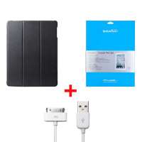 Snowkids苹果附件 新ipad3/ipad2通用三合一套装(多折式保护套(黑色)+高透膜+数据线)