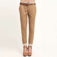 艾夫斯女装韩版OL通勤素面蕾丝花边纱卡休闲裤G21222217003卡其26