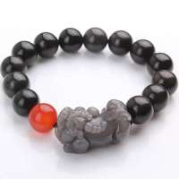 千美物语 天然黑曜石红玛瑙貔貅手链12mm-鸿运当头