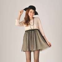 LISA.LISA丽莎丽莎 日系修身波点镶拼洋装点点拼接连衣裙1230803米色(M)