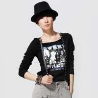 唐狮 女圆领人物文字T恤11132102301190103(黑色S)