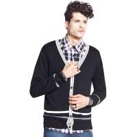 诠渡良品男装新款撞色百搭开衫V领毛衣82301(黑色/L)