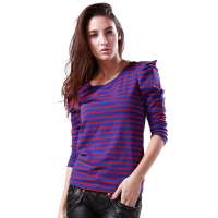 FUFM由你由我 春秋装 女士泡泡袖条纹休闲长袖T恤 W10UCT031红色S