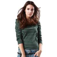 FUFM由你由我 春秋装 女士泡泡袖条纹休闲长袖T恤 W10UCT031军绿S