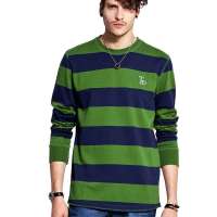诠渡良品男装纯棉条纹多色长袖T恤TD199(绿条纹/M)