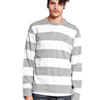 诠渡良品男装纯棉条纹多色长袖T恤TD199(灰条纹/XL)