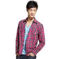 诠渡良品男装时尚炫彩格纹休闲长袖衬衫TD124(紫红/XL)