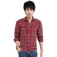 诠渡良品男装时尚炫彩格纹休闲长袖衬衫TD124(红色/XXL)