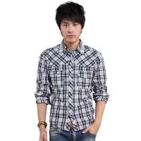 诠渡良品男装时尚炫彩格纹休闲长袖衬衫TD124(灰色/XL)