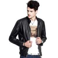 诠渡良品男装时尚潮男立领修身机车皮衣82299(黑色/XL)