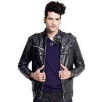 诠渡良品男装修身立领保暖防寒皮衣82230（黑色/L）