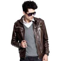 诠渡良品男装修身立领保暖防寒皮衣82230（棕色/XL）