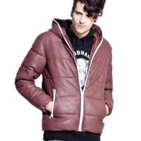 诠渡良品男装防寒短款棉衣保暖PU革外套81688(酒红/XL)