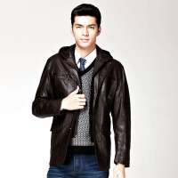 HODO红豆男士韩版多口袋连帽皮夹克外套HDHJB7353(土黄185/108B)