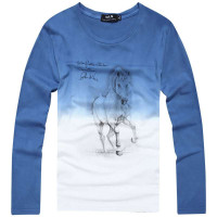 VaLS 男装复古拼色印花圆领T恤男韩版长袖T恤010200136（蓝色/XL）